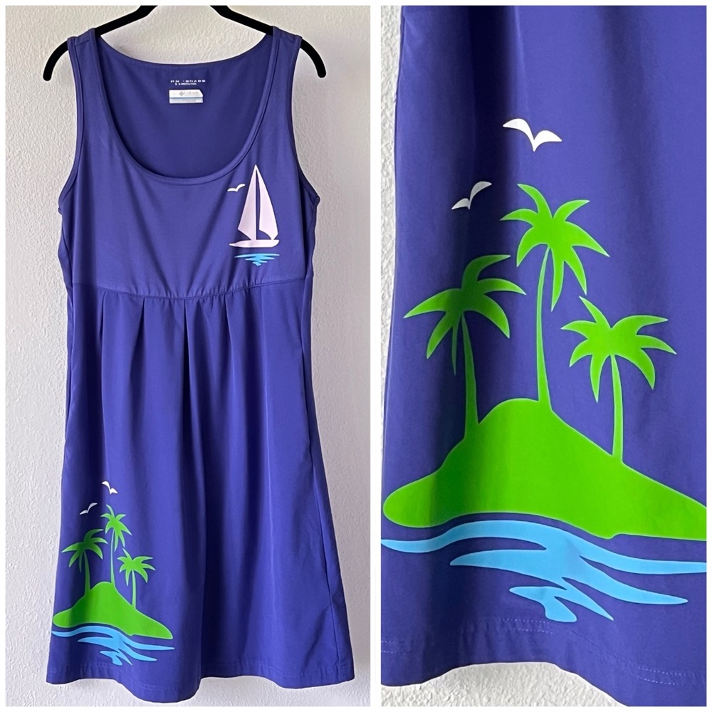 Columbia Blue Rare Sailboat Dress with Pockets Palm Trees Omni Shade Tank Medium